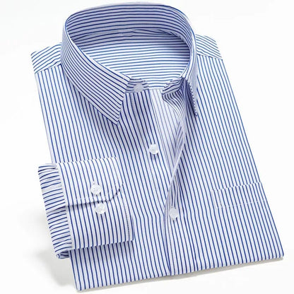 Men's Slim Fit Striped Long Sleeve Shirt - Classic Blue & White Vertical Stripes, Pointed Collar, Machine Washable, All-Season Versatile for Casual & Formal Wear